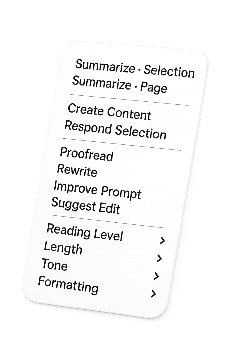 CLICK menu interface showing AI-powered options like Summarize, Create Content, and Rewrite